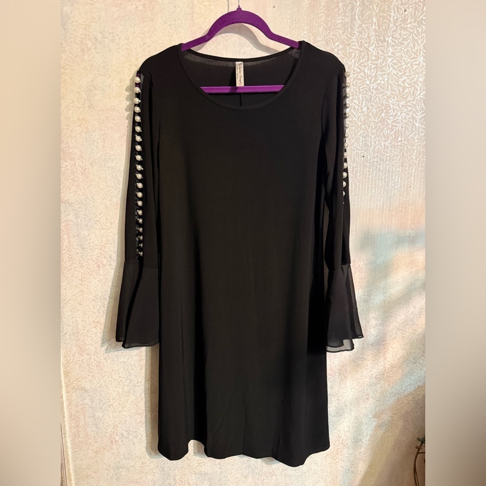 PerSeption Concept Elegant Black Pearl-Trim Long Flair Sheer Sleeve Shift Dress